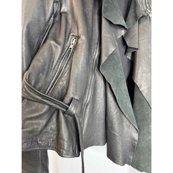 AllSaints Spitalfields Y2K Jacks Place Leather Moto Belted Black Jacket Sz 8 S - Picture 3 of 16